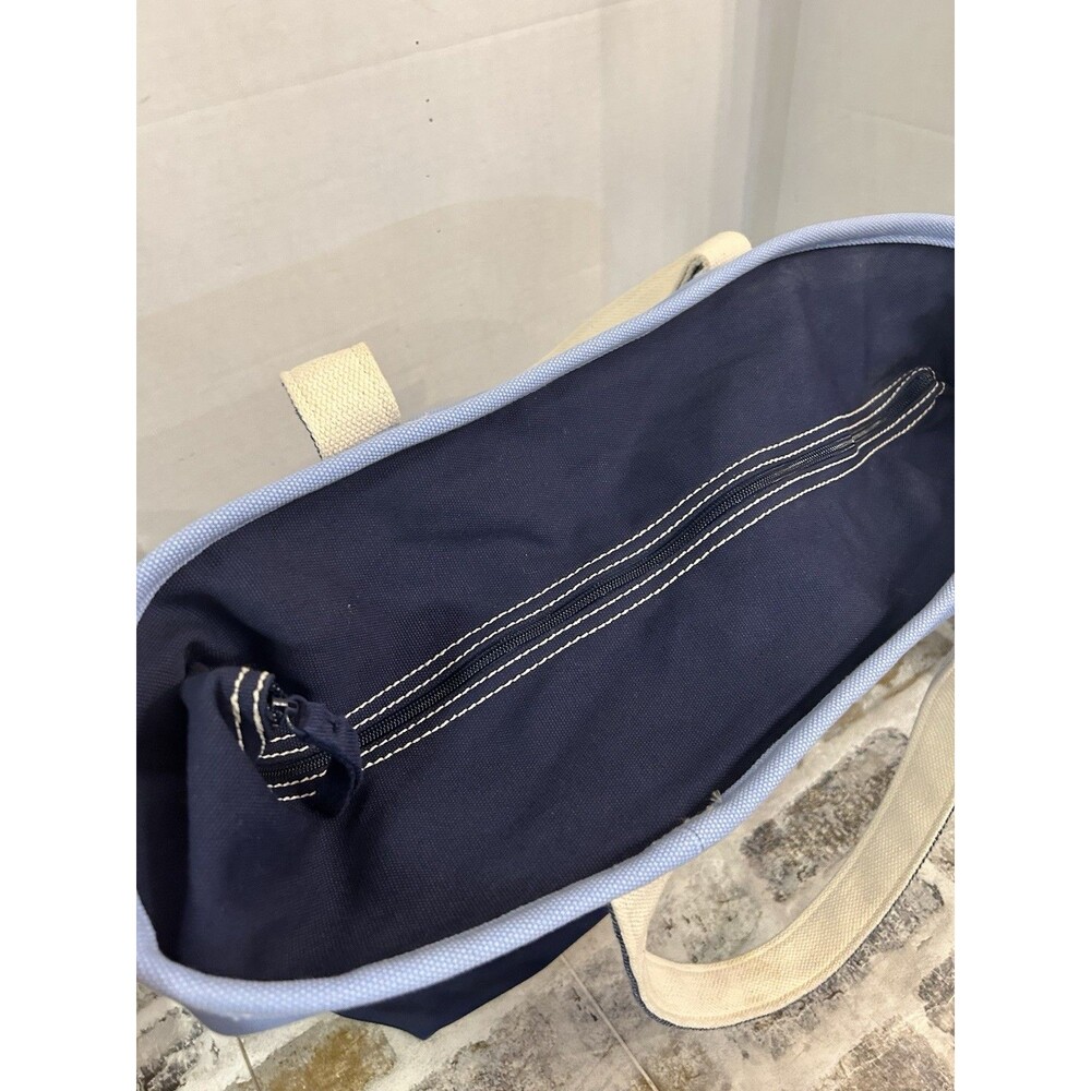 Lands' End Cotton Canvas Medium Tote Bag 5 Pockets Zip Closure Light Blue/Navy - Picture 3 of 12